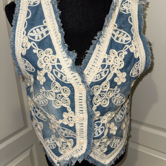 None Jackets & Blazers - Elegant Blue and White Embroidered denim Vest